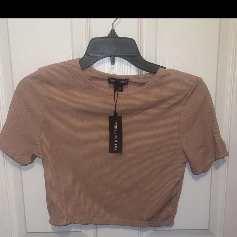 PrettyLittleThing Tan Ribbed Crop Top